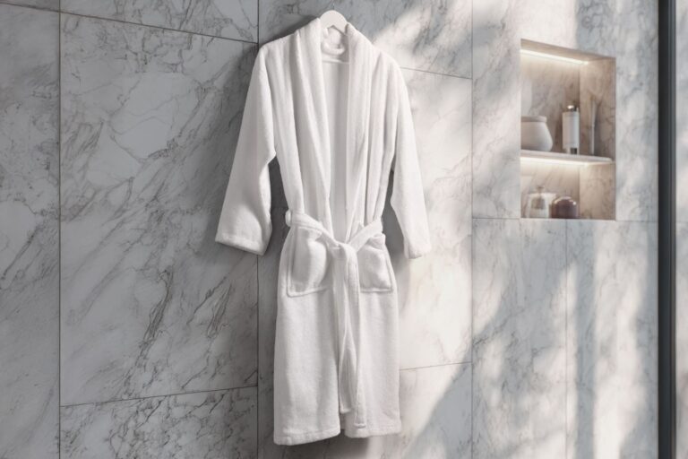 Accappatoio bianco Atelier Caleffi appeso in bagno