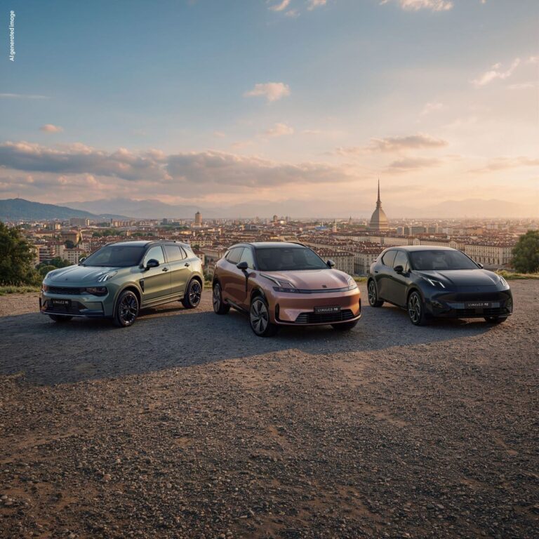 Modelli della gamma Lynk & Co in un'immagine promozionale con lo skyline di Torino sullo sfondo