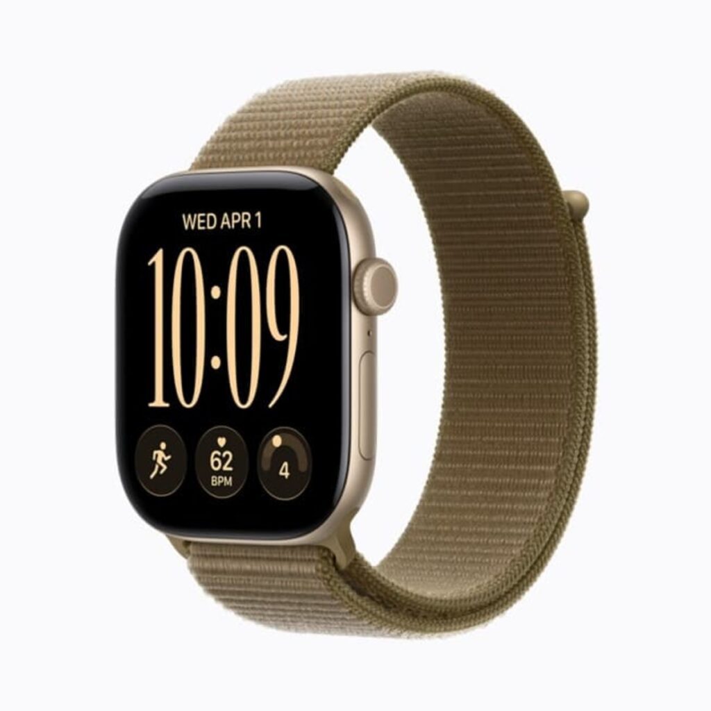 Apple Watch Series 12 in alluminio color oro chiaro con cinturino Sport Loop oliva