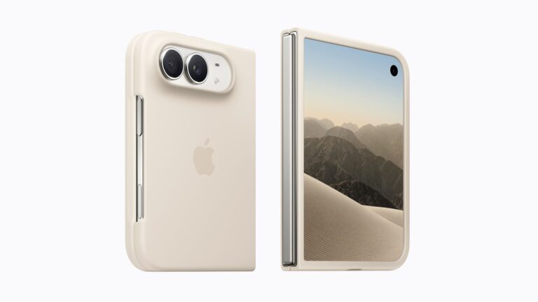 iPhone Duo aperto con custodia nella colorazione sabbia, display interno acceso