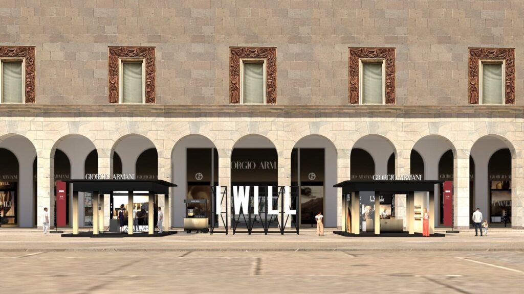 Rendering del set esterno allestito da Armani beauty per il lancio della fragranza Giorgio Armani I Will, nello spazio affacciato su Piazza Duomo a Milano
