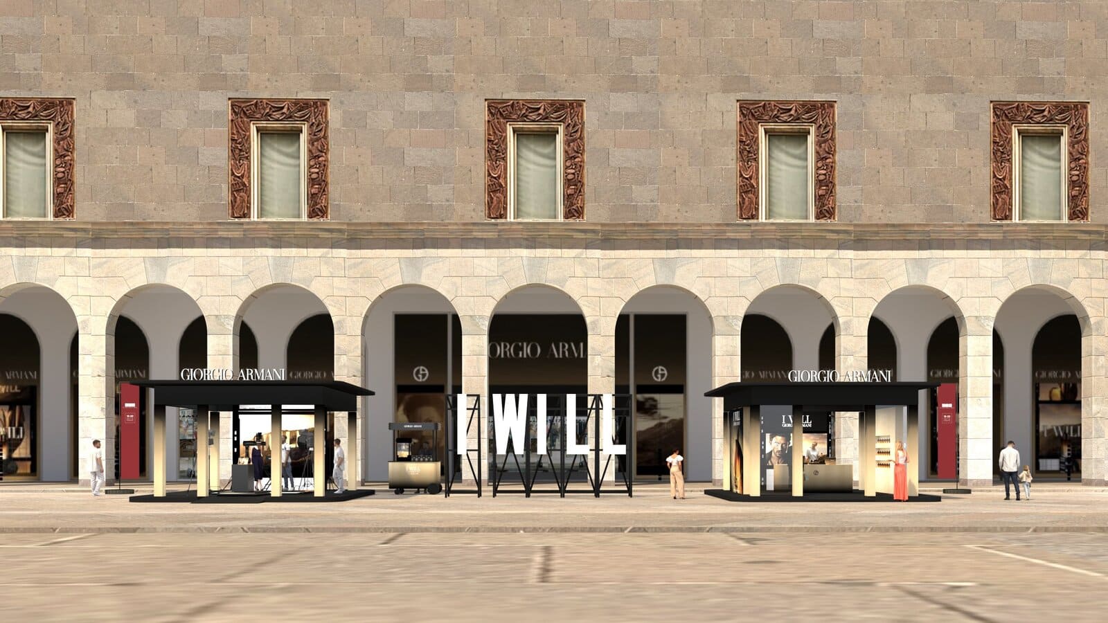 Rendering del set esterno allestito da Armani beauty per il lancio della fragranza Giorgio Armani I Will, nello spazio affacciato su Piazza Duomo a Milano