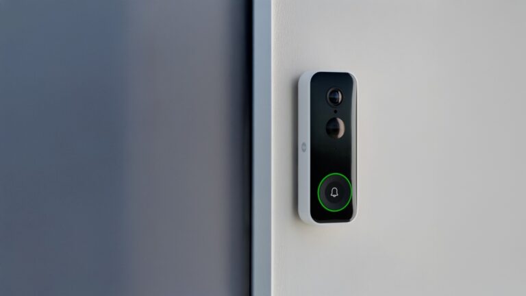 Campanello Smart Yale installato su parete bianca, con anello luminoso verde e icona campana