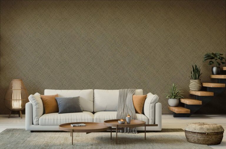 Rivestimento murale Spighe della collezione JWALL Laguna di Jannelli&Volpi in un living con divano ed elementi in rattan