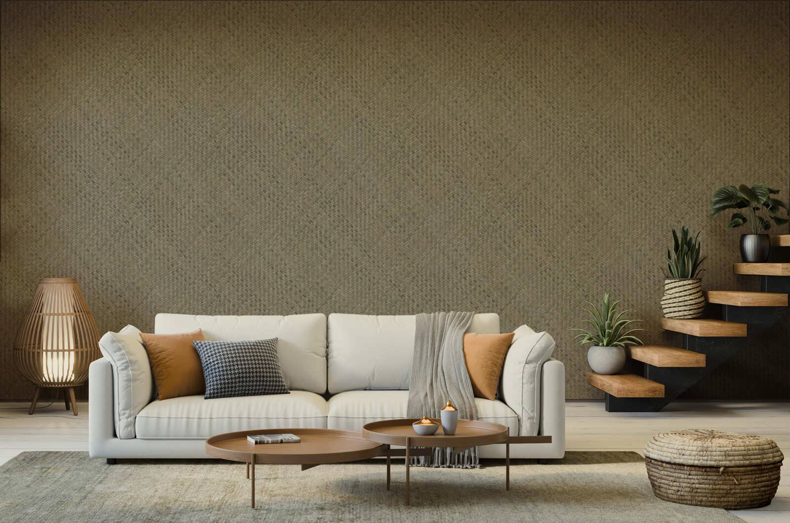 Rivestimento murale Spighe della collezione JWALL Laguna di Jannelli&Volpi in un living con divano ed elementi in rattan