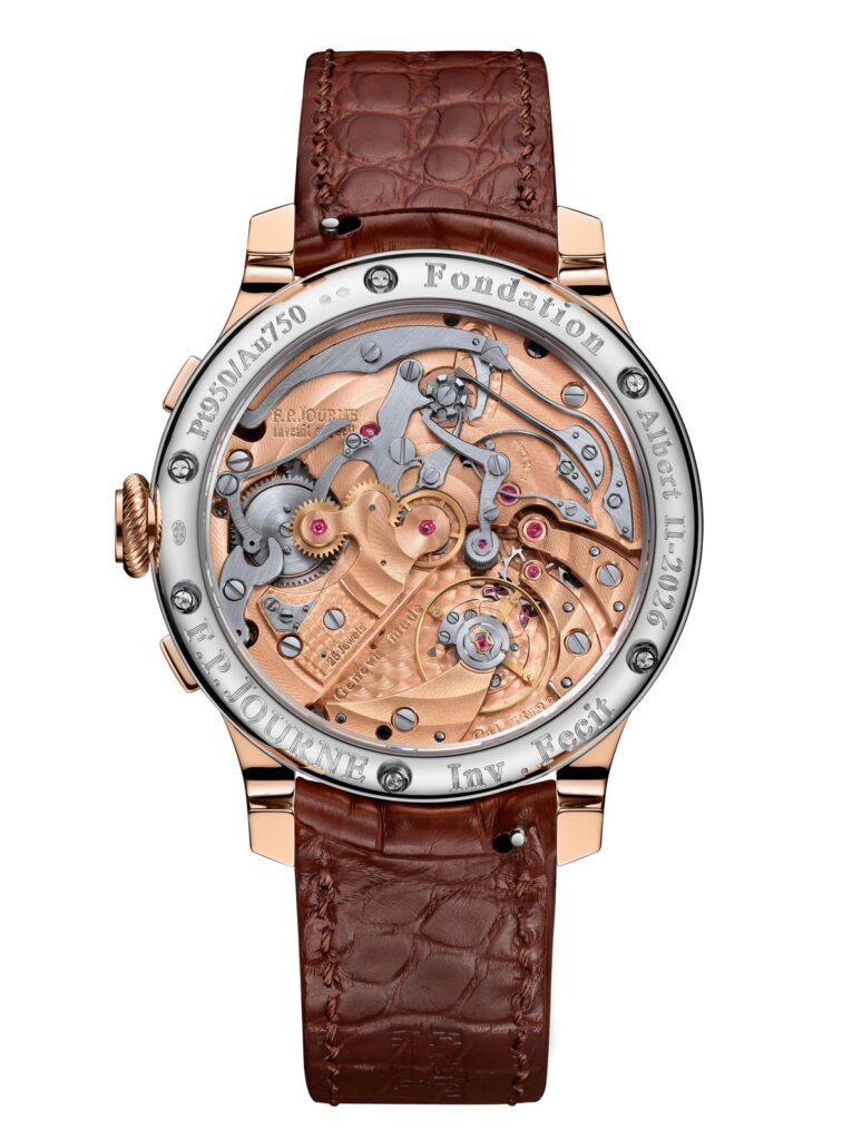F.P.Journe, il calibro 1518.3 a vista attraverso il fondello del cronografo Fondation Prince Albert II de Monaco