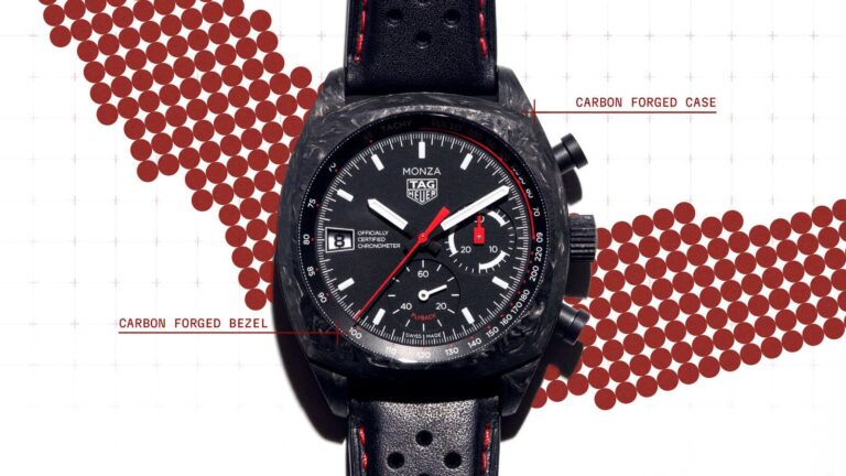 TAG Heuer Monza Flyback Chronograph con cassa e ghiera in forged carbon, quadrante nero e accenti rossi