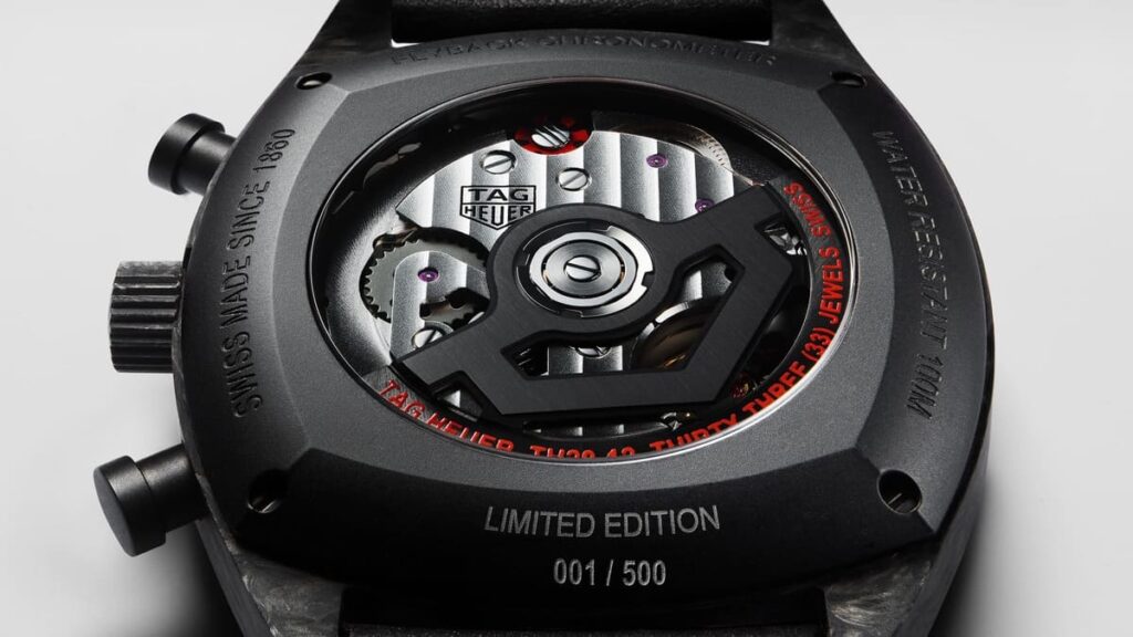 Fondello in zaffiro del TAG Heuer Monza Flyback Chronograph con calibro TH20-12 a vista, edizione limitata numerata