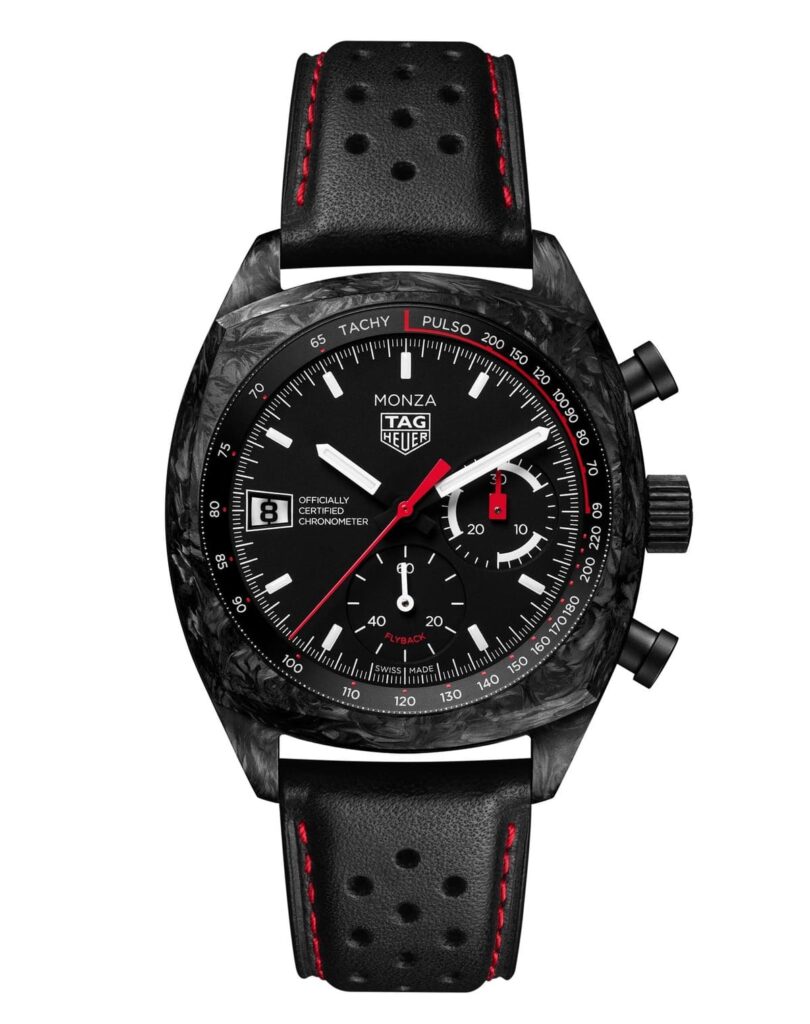 TAG Heuer Monza Flyback Chronograph, edizione limitata dei 50 anni con quadrante nero e cinturino in vitello perforato