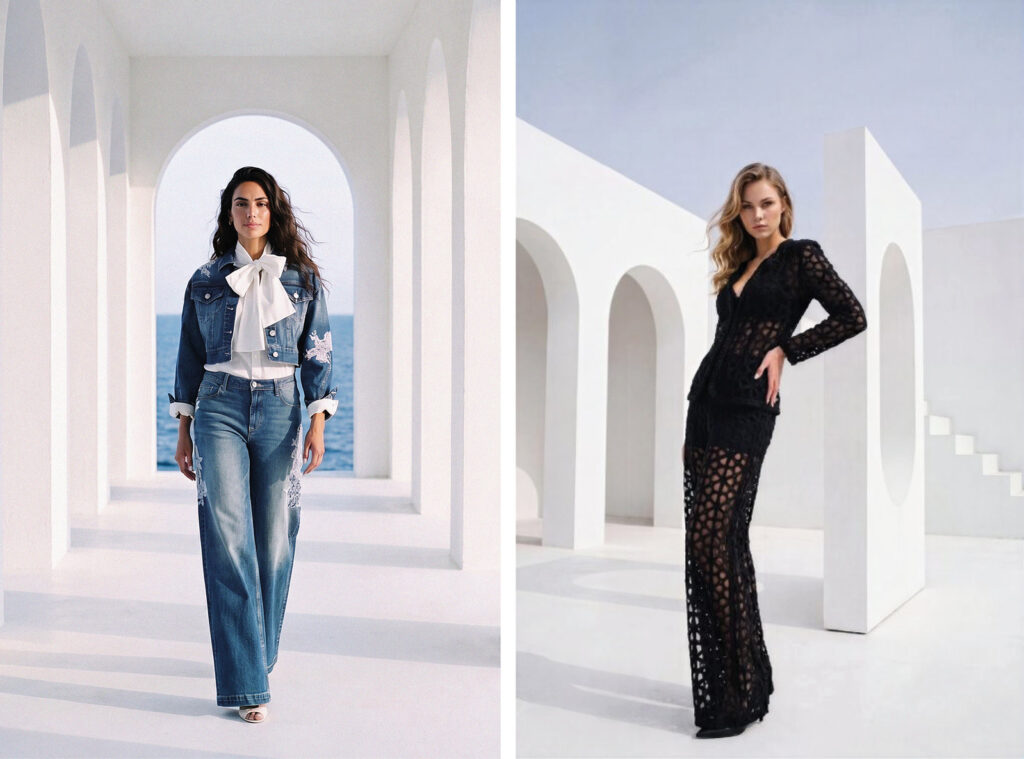 Look denim e abito nero traforato della collezione Fracomina primavera estate 2027