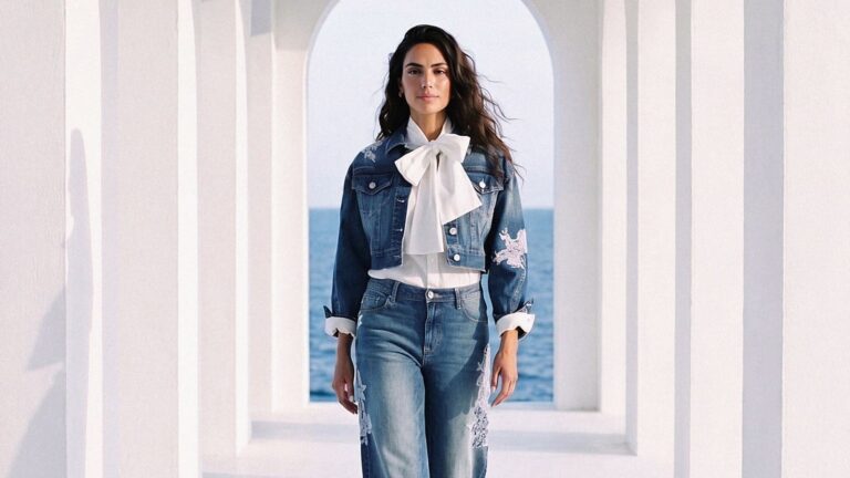 Look denim Fracomina primavera estate 2027 con camicia bianca e fiocco