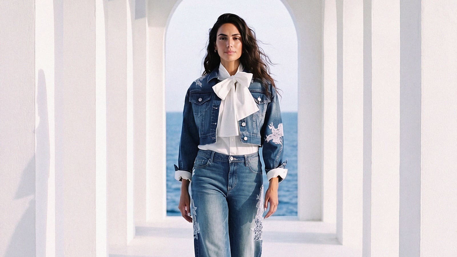 Look denim Fracomina primavera estate 2027 con camicia bianca e fiocco