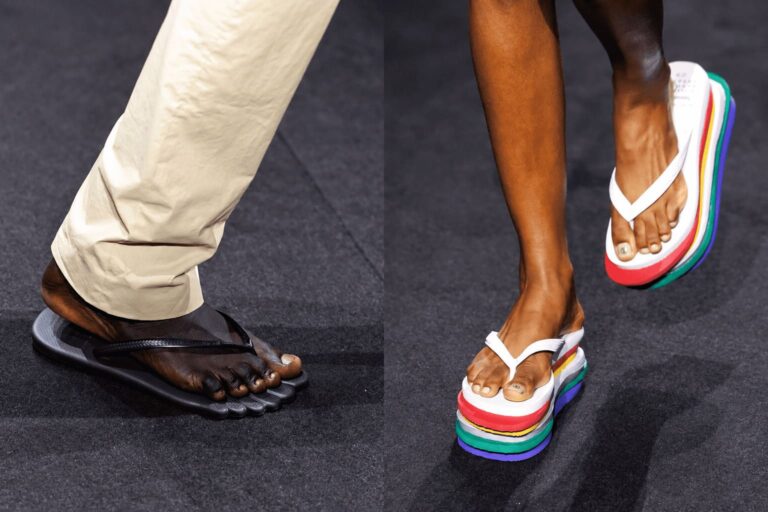 Infradito Havaianas MM6 Maison Margiela viste in passerella, con Slim 6Toe nera e Top 6Layers colorata