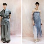Due look Malloni primavera-estate 2027: completo grigio con giacca asimmetrica e pantaloni ampi, abito lungo senza spalline a righe.