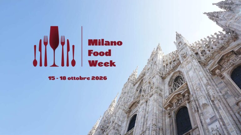 Locandina Milano Food Week con il Duomo, il logo rosso e le date 15-18 ottobre 2026.
