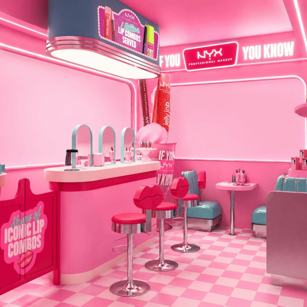 L'interno del pop-up NYX Professional Makeup Diner in Piazza San Babila, Milano Beauty Week 2026