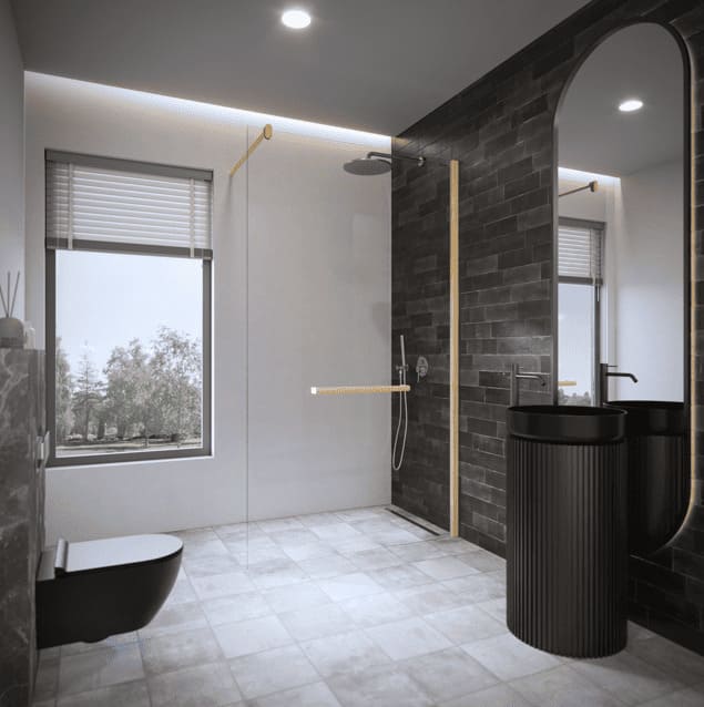 Box doccia walk-in della collezione Air Wood di Duscholux, parete in vetro temperato senza telaio
