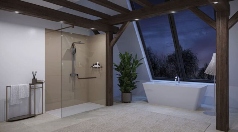 Box doccia della collezione Air Wood di Duscholux con profili in legno di Accoya