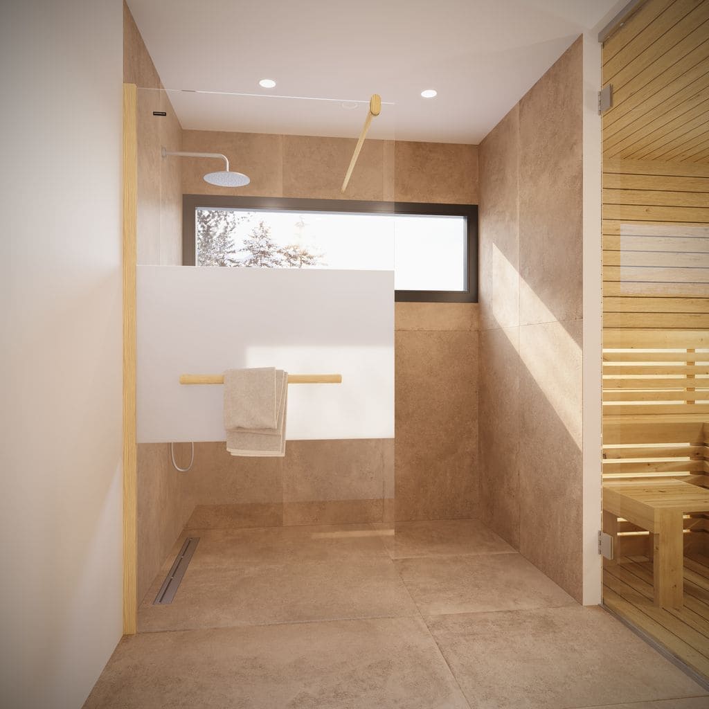 Box doccia walk-in della collezione Air Wood di Duscholux con portasalviette in legno di Accoya
