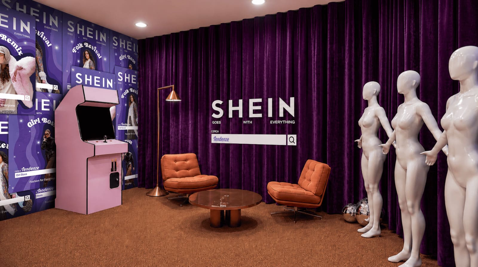 Area lounge dello spazio SHEIN FW Hub a Roma, con tende viola, poster dei tre trend e consolle arcade rosa