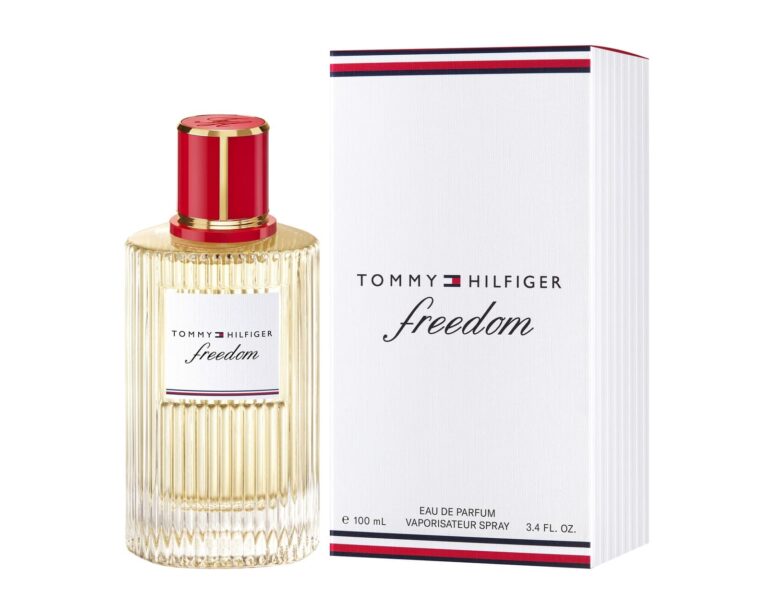 Flacone Tommy Hilfiger Freedom Eau de Parfum con tappo rosso e confezione a righe rosso bianco e blu
