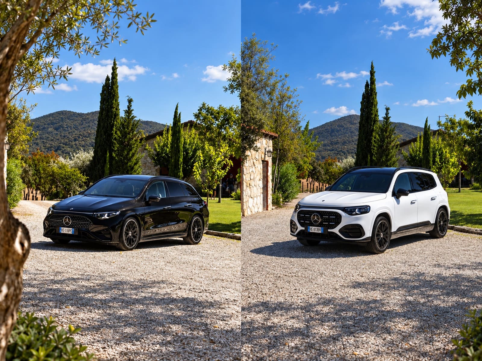 Composizione con Mercedes CLA Shooting Brake nera a sinistra e Mercedes GLB bianca a destra.