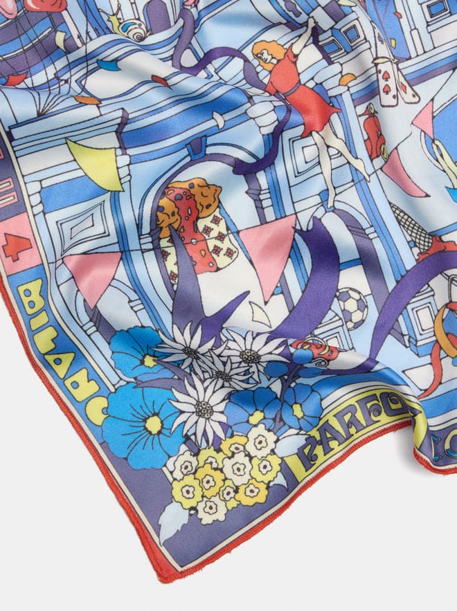 Dettaglio del foulard Parfois disegnato da Francesca Melis con illustrazioni ispirate a Milano.